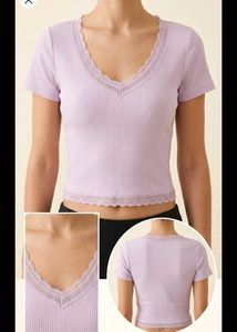 Cropped Ribbed Top with Lace Trim