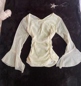 Sheer Bell Sleeve Ruched Top