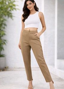 Women Beige Mid Raised Tapered Fit Trousers