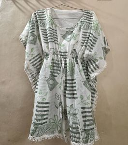 White Kaftan with Green Print