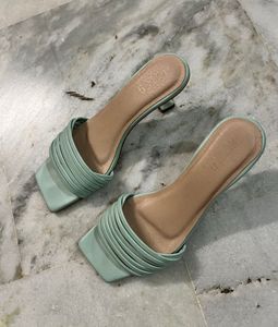 Stylish Mint Green Square Toe Heeled Sandals
