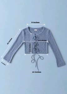 BLUE RIBBED LACE-UP CROPPED KNIT TOP