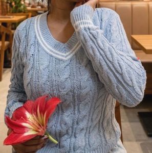 Light Blue Cable Knit V-Neck Sweater