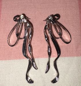 Silver Bow/Ribbon Drop Earrings Statement piece
