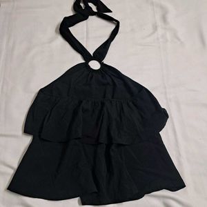 Y2k Vintage 2000s Black Ruffled Halter Neck Top