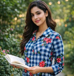 Blue Check Floral Top