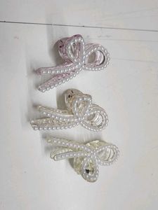 Pearl Bow Hair Claw Clips - Set of 3