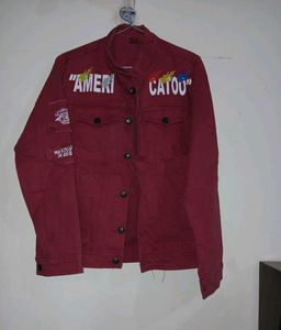 Burgundy Graphic Print Denim Jacket