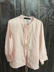 Chic Pink Blouse with Ruffle Neckline
