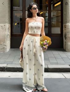 Boho Smocked Crop Top & Wide Leg Pants Set