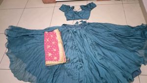 Teal Blue Lehenga Choli with Pink Dupatta
