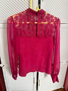 Elegant embroidered Pink Lace Neck Top