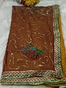 Embellished Brown Net Saree with blouse
