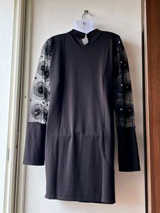 Black mini dress with sheer, embroidery long sleev