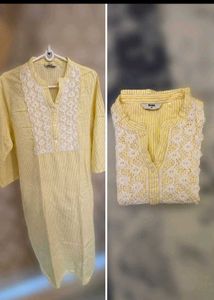 Max Yellow Striped Kurta with Lace Neckline