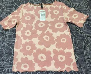 Pink korean Floral Print Ribbed Top