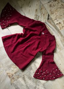 Maroon Bell Sleeve Blouse with Pearls