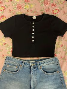 Black Button-Up Cropped Top