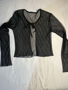 Sheer Black Tie-Front Long Sleeve Top