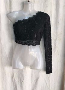 I. Sequin Lace One-Shoulder Crop Top