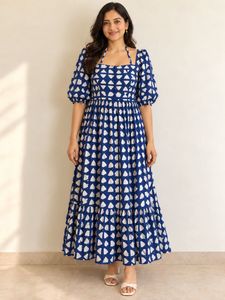 Blue &amp; White Block Print Maxi Dress