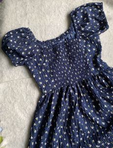 babydoll Navy Floral Smocked Puff Sleeve Dress