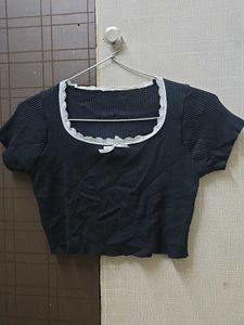 Black Cropped Top with Lace Trim