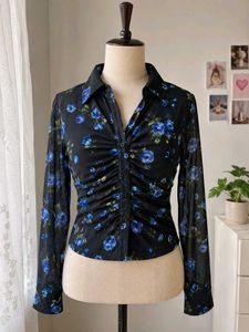 Floral Print Ruched Button-Up Blouse