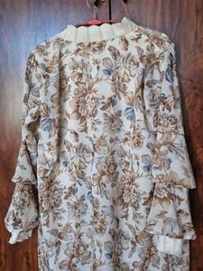 Floral Print Pleated Gown with Lace