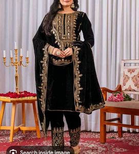 Elegant Brown Velvet Kurta Set with Gold Embroider