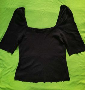 Square Neck Black Ribbed Puff Sleeve Top Partywear