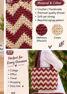 Handmade Maroon &amp; Cream crochet Tote Bag/ spacious