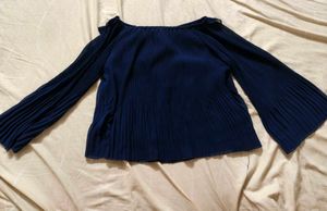 Navy Blue Pleated Bell Sleeve Top