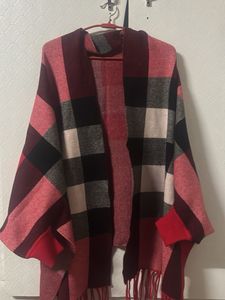 Cozy Plaid Poncho with Fringes