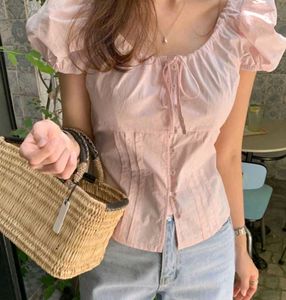 Savana Form fitting Puff Sleeve Pink tie up top