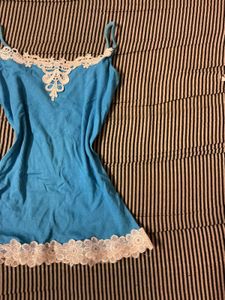 Blue Camisole with White Lace Trim
