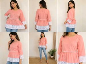 Peach Embroidered peplum Kurta with Lace