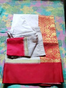 White and Red Benarasi Art Silk Saree with blouse.