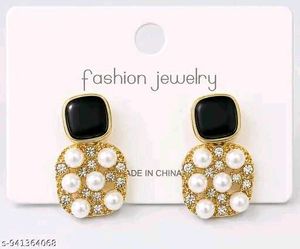 Elegant Pearl & Black Square Earrings