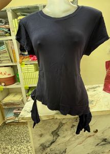 Navy Blue Ruffle Tie Detail Top