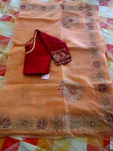 Beautiful Peach Saree with Red Blouse