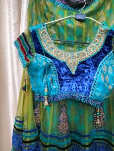 Teal &amp; Blue Embroidered Lehenga Choli Set