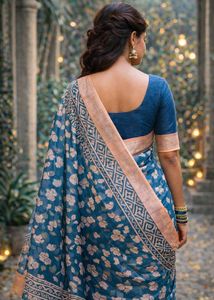 Beautiful Blue Floral Zari border Linen Saree