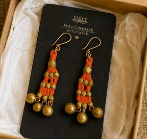 Handmade Earrings Boho Orange Macrame Antique Bras