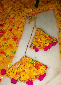 Yellow Floral Lehenga Choli with Pom-Pom Tassels