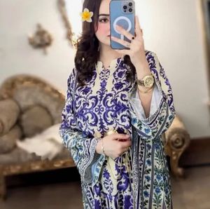 Elegant Blue and Beige Printed Maxi Dress