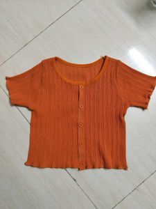 Ribbed Orange Button-Up Top