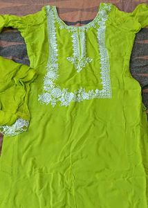 Bright Green Kurta Set with White Embroidery