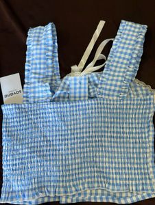 Blue Gingham Ruffle Strap Crop Top