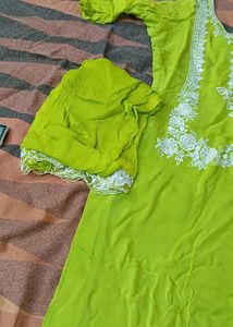 Bright Green Kurta Set with White Embroidery